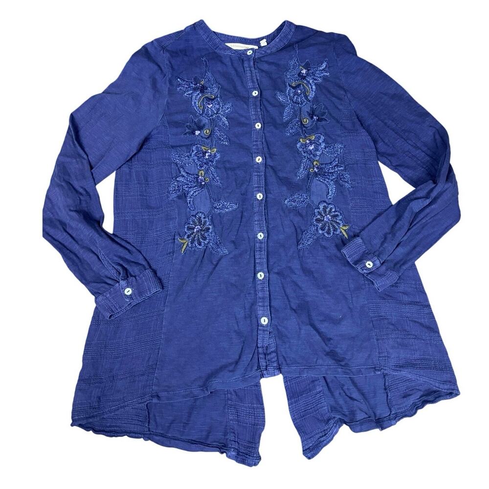 Soft Surroundings Embroidered Navy Tunic Top M Button Front Long Sleeve Boho
